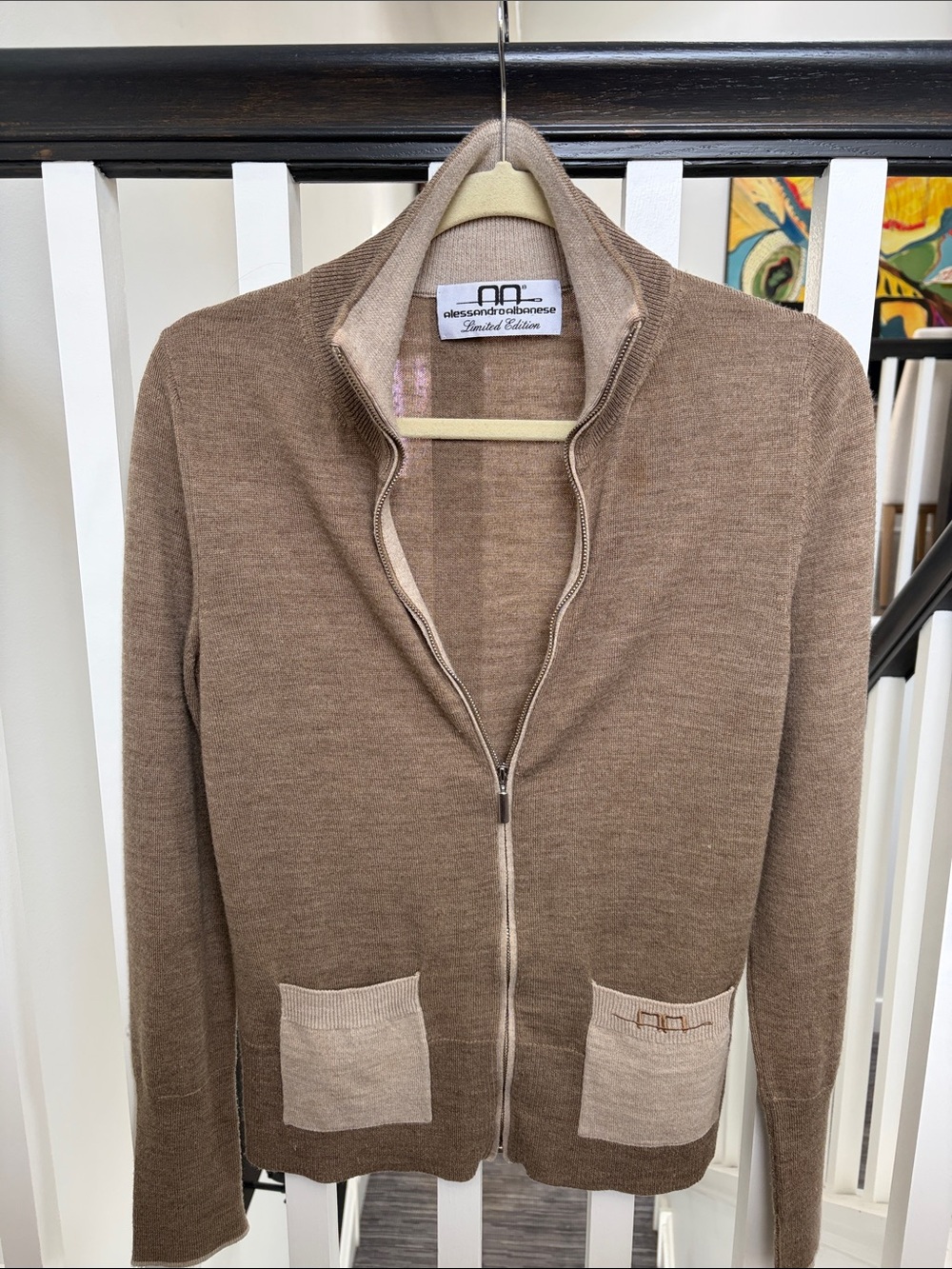 Alessandro Albanese Two-Tone Beige Zip Front Merino Cardigan
